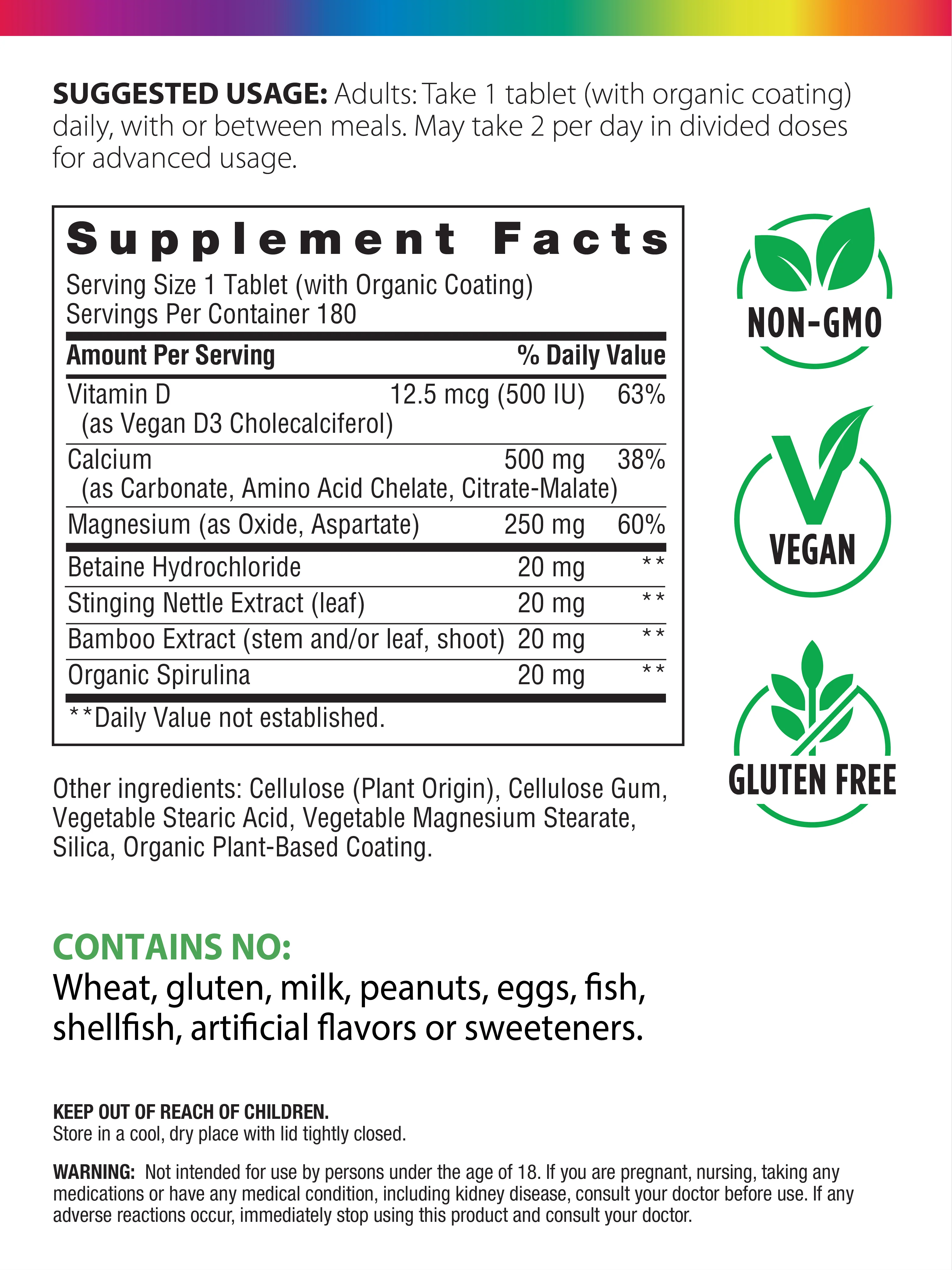 Calcium Magnesium and Vegan D3 + Real Food Nutrients, 180 Vegetarian Caplets - Image 3